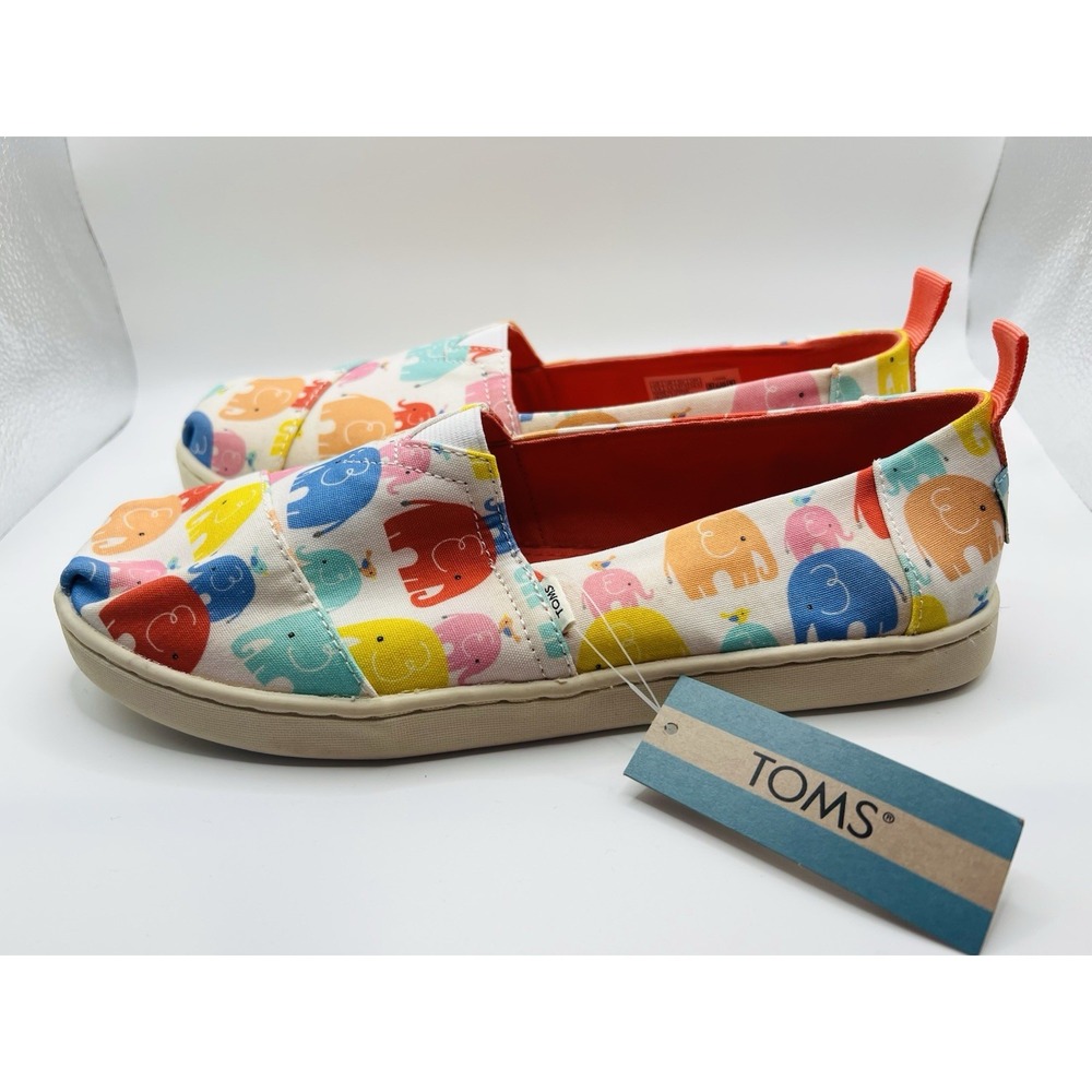 TOMS Slip On Flats Youth 5.5 Colorful Elephant Print Canvas Casual Shoes Happy‎